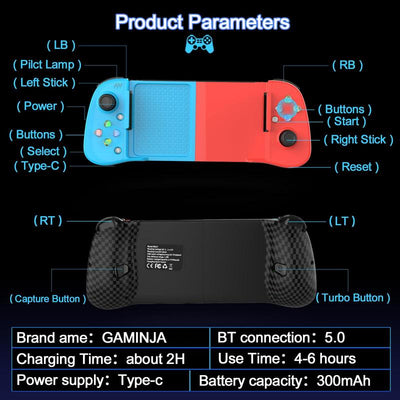 GAMINJA Telescopic Wireless Game Controller – Bluetooth-Compatible, Rechargeable Mobile Gaming Controller for Android, iOS, Nintendo Switch, PS4, PC & TV Box