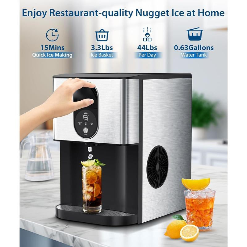 Countertop Nugget Ice Maker – COWSAR 44Lbs/24H with Fast Ice & Auto Dispense